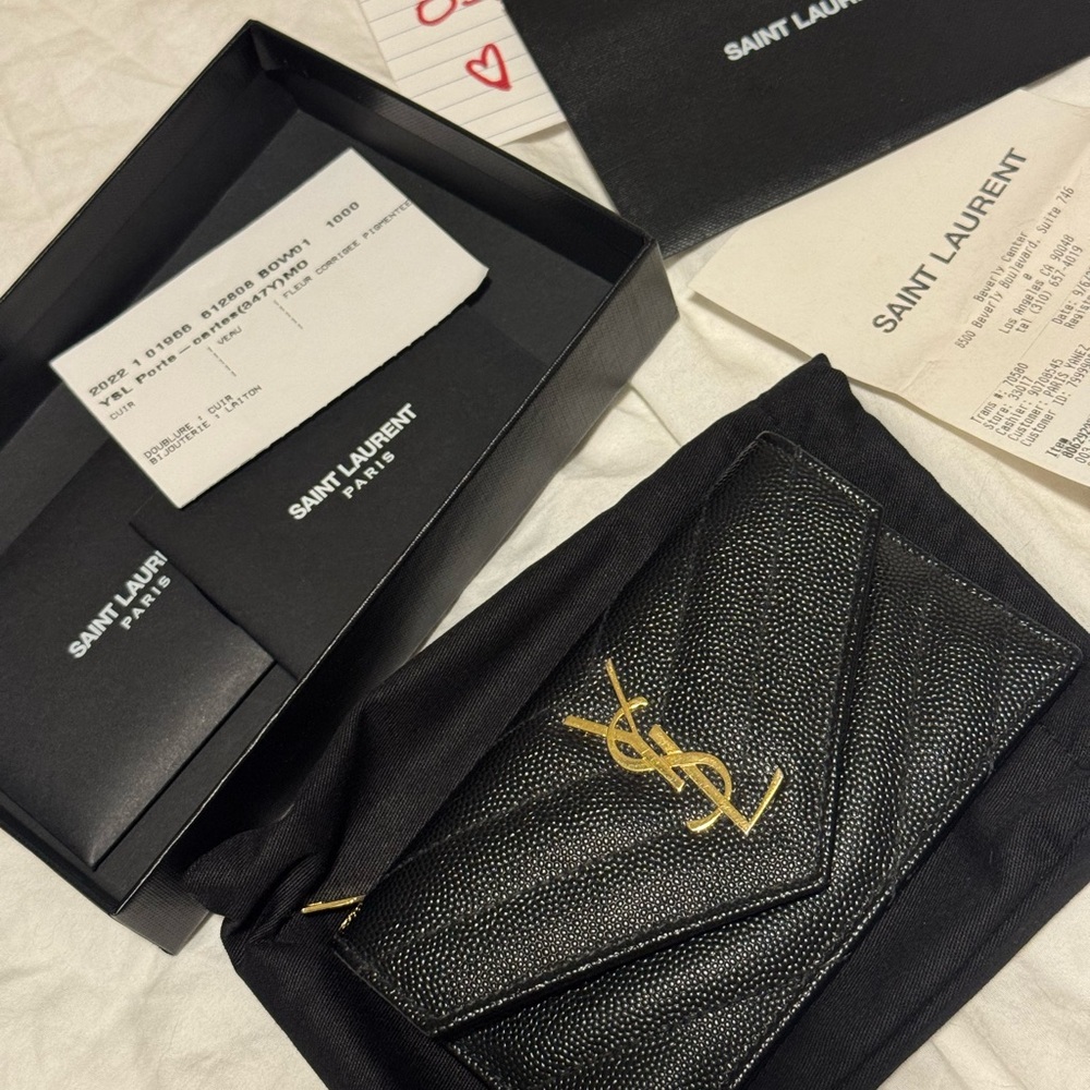 Saint Laurent Black Leather Card Case with Gold YSL Monogram Zipper Coin Pouch